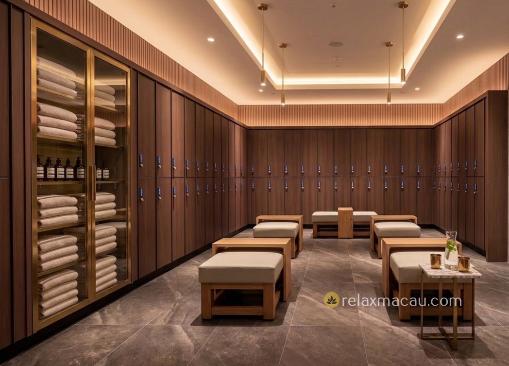 Number Nine Spa locker room, wooden lockers